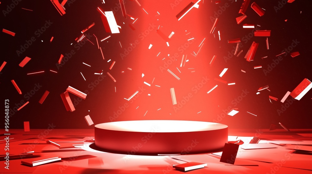 Poster a modern 3d podium with empty space, surrounded by dynamic light shards, set against a dark red back