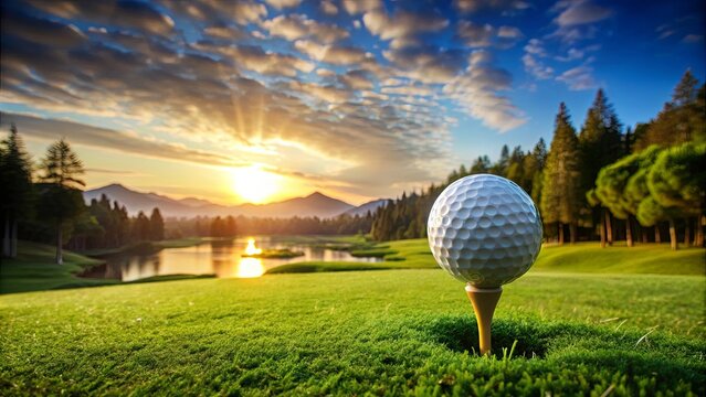 Golf ball placed on tee ready for tee off at scenic golf course