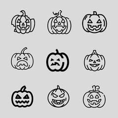 Halloween carved pumpkin black line art outline icon set, Vector illustration on white background.
