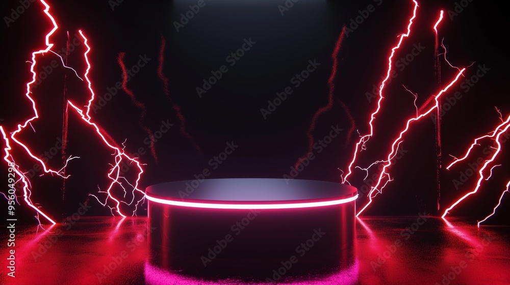 Poster a modern 3d podium with empty space on top, surrounded by dynamic neon lightning bolts, set against 