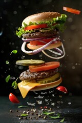 Burger in mid-air with ingredients falling