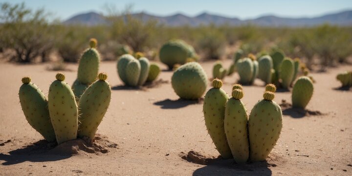 Prickly pear cactus in an arid landscape, with flat, paddle-shaped pads and vibrant nopales fruit, displaying the cactus's resilience and colorful appeal.