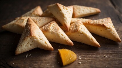 Cottage cheese shortbread triangles on rustic wooden background.