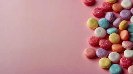 Obraz premium Colorful candies heart shape on pink background.