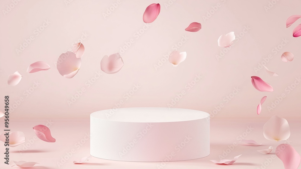 Poster an elegant 3d podium with empty space on top, surrounded by floating petals, set against a soft pink