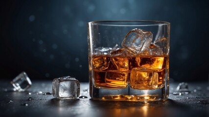 Glass of whiskey with ice cubes on a wet table.