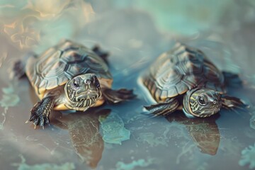 Two Baby Turtles Resting in a Pond