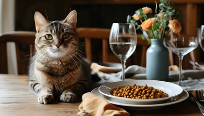 一只可爱的猫咪坐在餐桌上，面前有碗装的食物，桌上还有饮料和酒瓶。