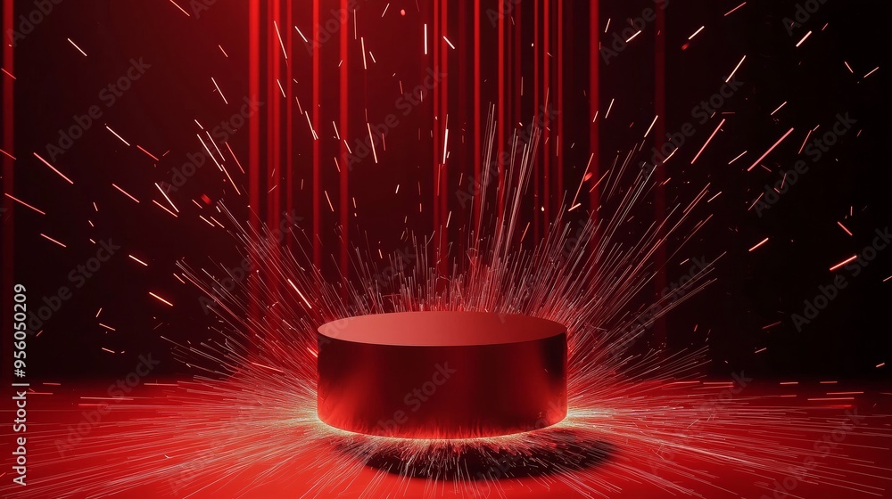 Poster a modern 3d podium with empty space, surrounded by dynamic light shards, set against a dark red back