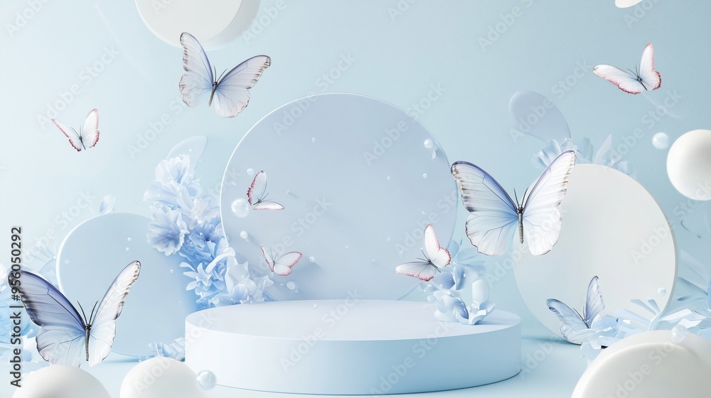 Poster an elegant 3d podium with a spacious top, surrounded by abstract butterfly patterns, set against a l