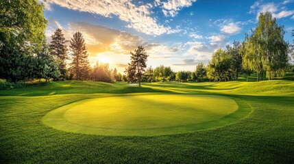 Naklejka premium Green grass and woods on a golf field