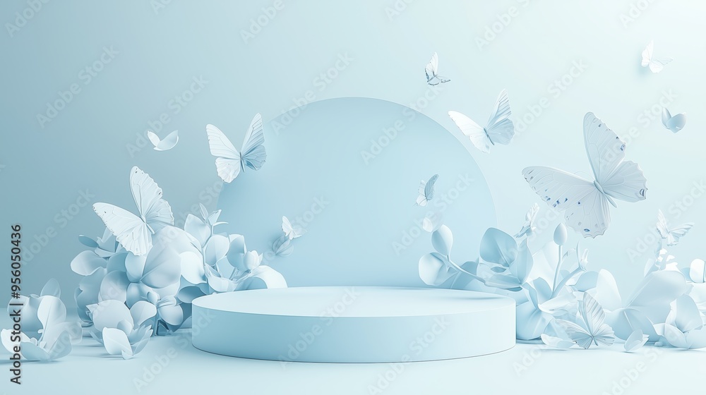 Poster an elegant 3d podium with a spacious top, surrounded by abstract butterfly patterns, set against a l