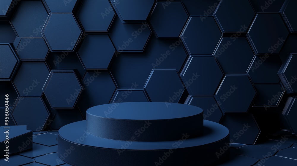 Poster a modern 3d podium with ample empty space, surrounded by digital hexagonal patterns, set against a d