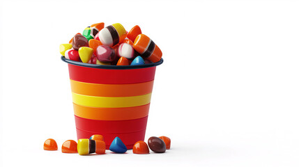 Halloween candy bucket overflowing with treats, realistic depiction, vivid colors, isolated on white background