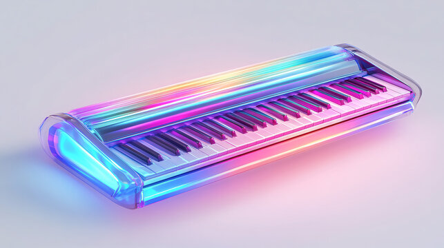 A 3D piano keyboard floating in space, neon color scheme, futuristic design, isolated on white background