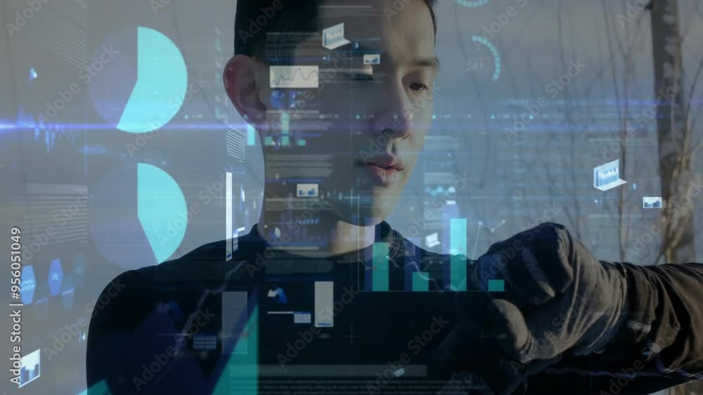Poster analyzing data charts and graphs, animation over focused business professional
