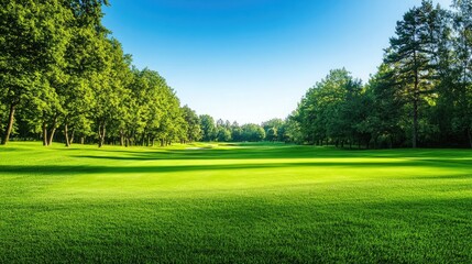 Naklejka premium Green grass and woods on a golf field