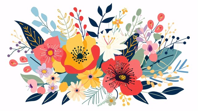 07231249 471. Top view of abstract flowers in a spring flora arrangement, illustrated in a flat vector style with vibrant colors on a clean white background, showcasing a modern and minimalistic