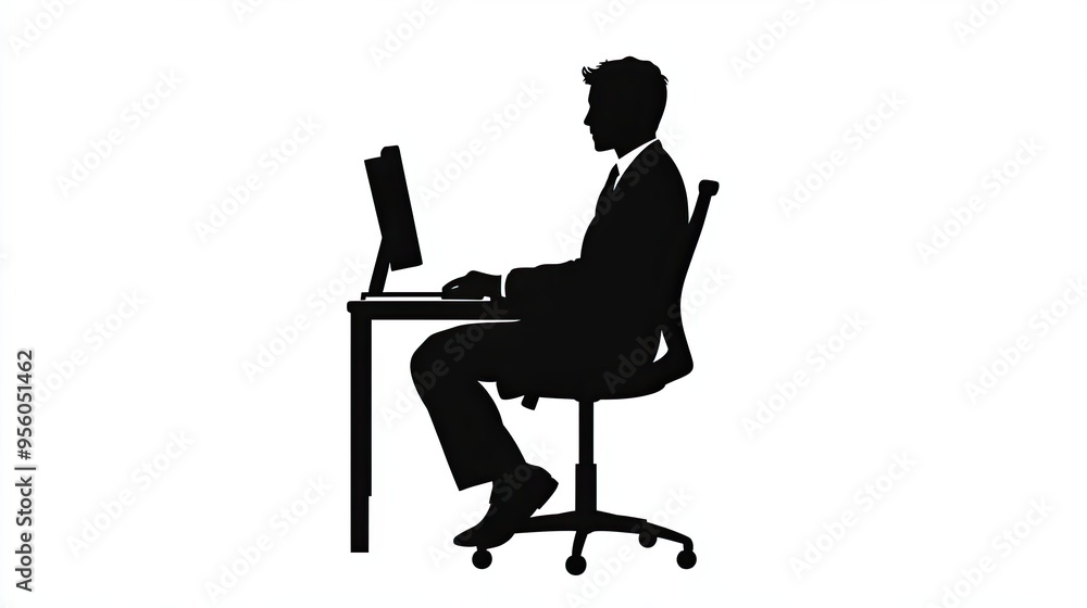 Poster silhouette of a man working at a computer desk