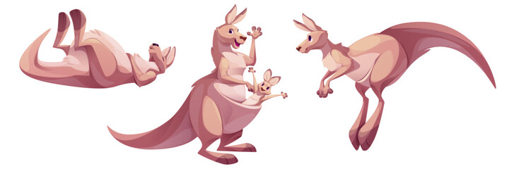 Australia kangaroo character. Funny and cute jump animal clipart. Mother and baby wallaby jumping mascot. 2d wild mom set in sleeping, walking and waving paw pose. Tropical marsupial game asset