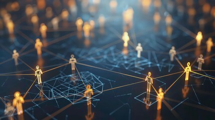 Abstract network of connected people, glowing yellow figures on black background.
