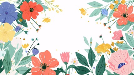 Obraz premium 07231249 475. Flat vector illustration of spring abstract flowers from a top perspective, featuring a clean white background with colorful and dynamic floral designs