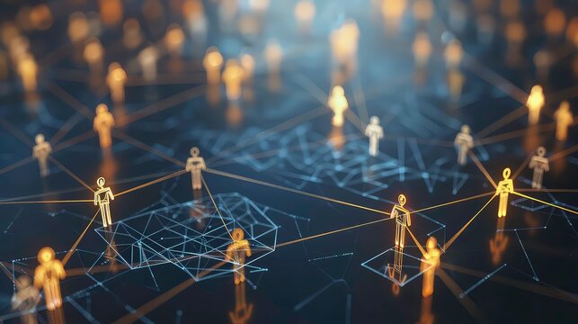 Abstract network of connected people, glowing yellow figures on black background.