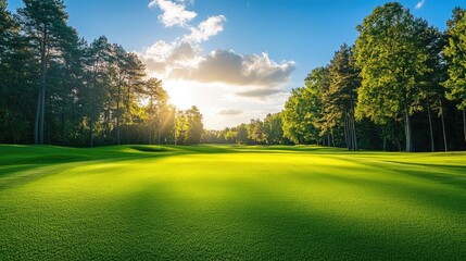Naklejka premium Green grass and woods on a golf field