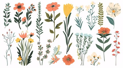 07231249 483. Collection of hand-drawn flat style floral elements, showcasing spring and summer flowers for wedding concepts, including vector illustrations for cards and invitations