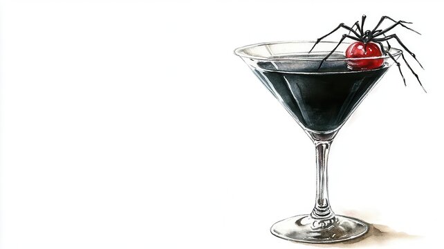 A black widow Halloween martini, charcoal black drink, red cherry, spiderweb garnish, elegant spooky style, isolated on white background