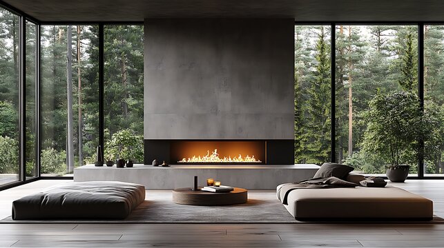 Minimalist Scandinavian living room, modern fireplace with a sleek and elegant design, clean lines, neutral tones, light wood flooring, large windows allowing natural light, cozy and serene space,