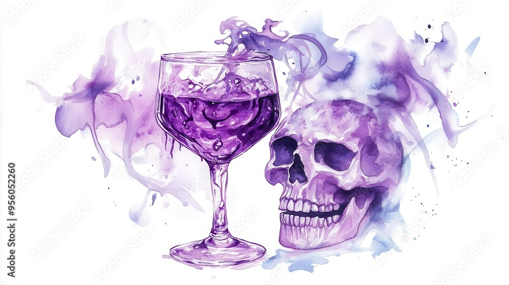 Wall mural a witchs potion drink, bubbling purple liquid, skullshaped glass, mystical smoke, dark fantasy style