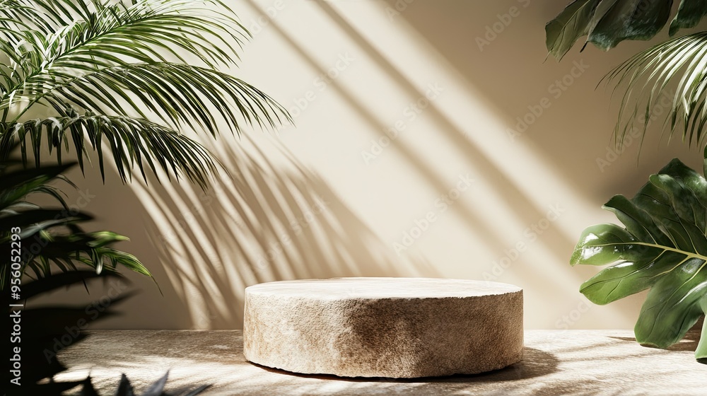 Poster a 3d render of a stone pedestal with tropical foliage and subtle shadows, creating a natural, earthy
