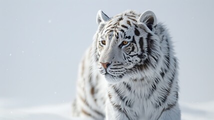 Fototapeta premium A powerful tiger with striking white fur and distinctive stripes stares intensely at the viewer. The wild cats majestic presence is captured in this black and white