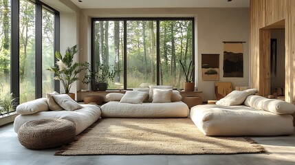 Minimalist Scandinavian living room, rich textures from wool rugs, linen cushions, and knit throws, soft neutral tones, light wood accents, large windows with natural light, cozy and inviting space,