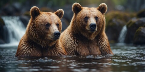 Naklejka premium Bears in love hugs in vintage waterfall background.