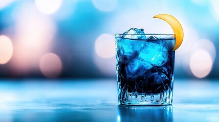 A mystical moonlight cocktail, dark blue liquid, glowing effect, crescent moon garnish, celestial theme, isolated on white background