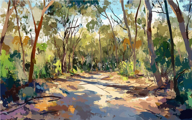 A vibrant impressionist landscape of an Australian bush clearing under a sunny sky, with light dappling through the trees, capturing a serene outdoor scene.