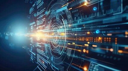 Futuristic technology interface with glowing lines, digital elements, and a holographic display.