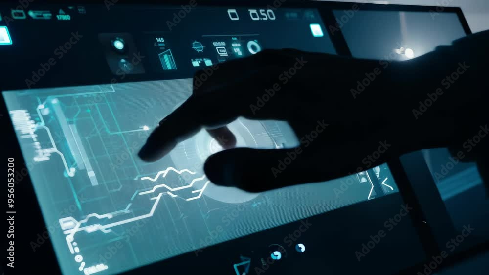 Poster a high-tech digital interface on a large screen features intricate graphics, numerical readings, and