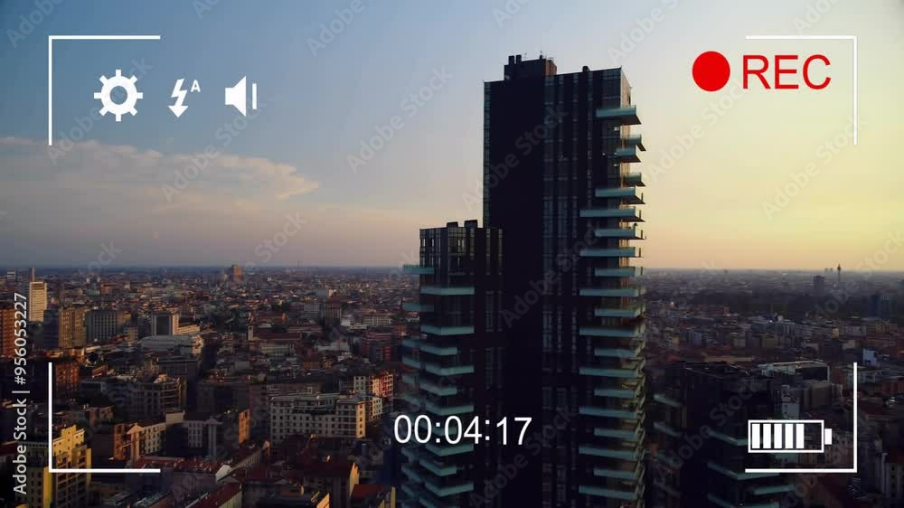 Poster cityscape with skyscraper and recording animation overlay showing settings, sound, and timer