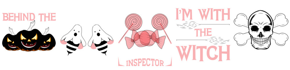 Modern Halloween Vector Tshirt Bundle Hand Lettering, Trendy Retro Style Illustration Set Vector Illustration for Poster, Printing Press, Book Cover