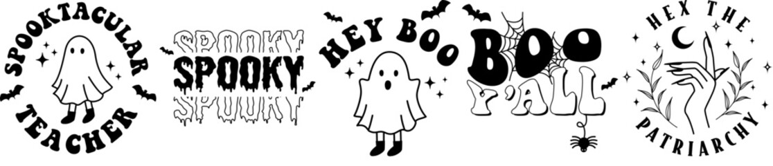 Cute Halloween Tshirt Design Bundle Typography, Inscriptions Bundle Vector Illustration for Mug Design, Gift Card, Packaging