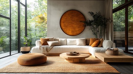 Scandinavian living room featuring minimalist wall art, abstract geometric shapes in muted tones, clean white walls, light wood furniture, neutral color palette, large windows with natural light,