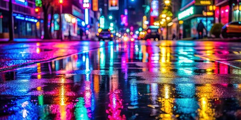 Fototapeta premium Vibrant neon-lit city street at night with colorful reflections on wet pavement