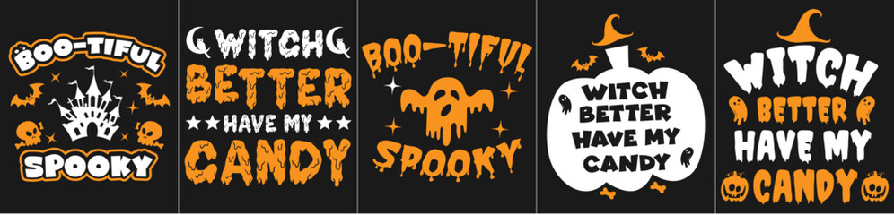 Modern Halloween Tshirt Design Graphic Bundle Phrases, Calligraphic Lettering Collection Vector Illustration for Poster, Logo, Icon
