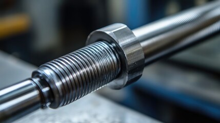 A close-up of a steel rod with a detailed screw thread, showcasing the intricate machining and precision engineering