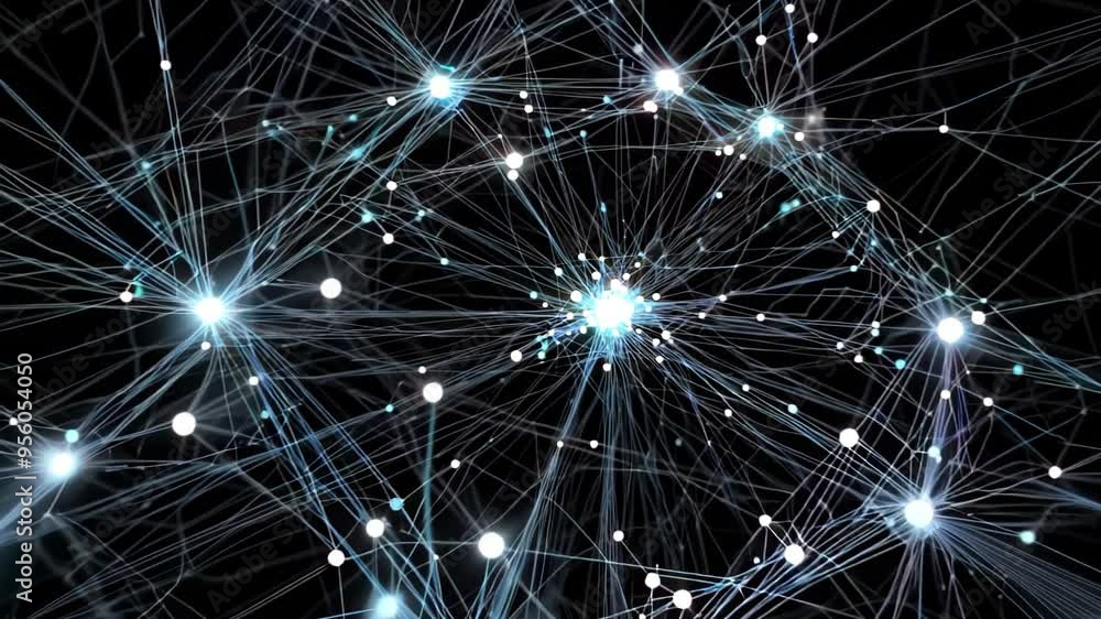 Poster a abstract illustration of a digital network features glowing nodes and shimmering lines on a dark b