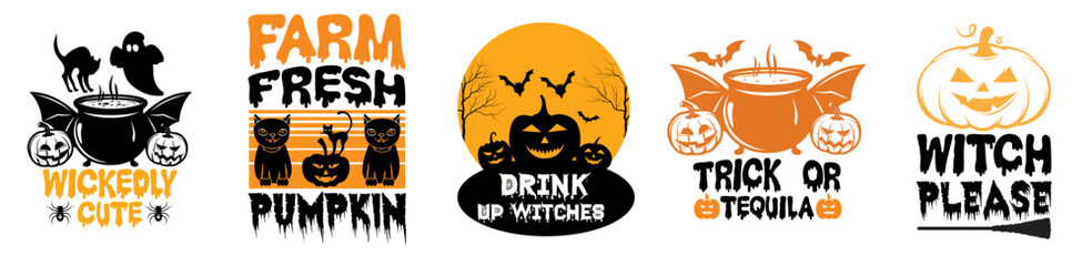 Colourful Halloween Tshirt Design Bundle Inscriptions, Hand Lettering Collection Vector Illustration for Announcement, Holiday Cards, Presentation