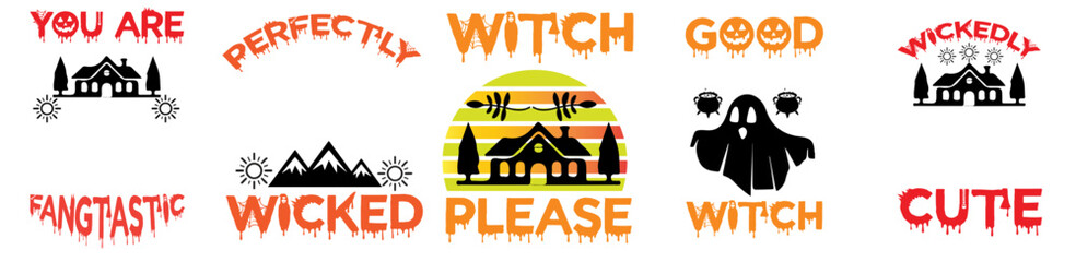 Classic Halloween Tshirt Design Bundle Inscriptions, Calligraphic Lettering Bundle Vector Illustration for Advertisement, Logo, Flyer